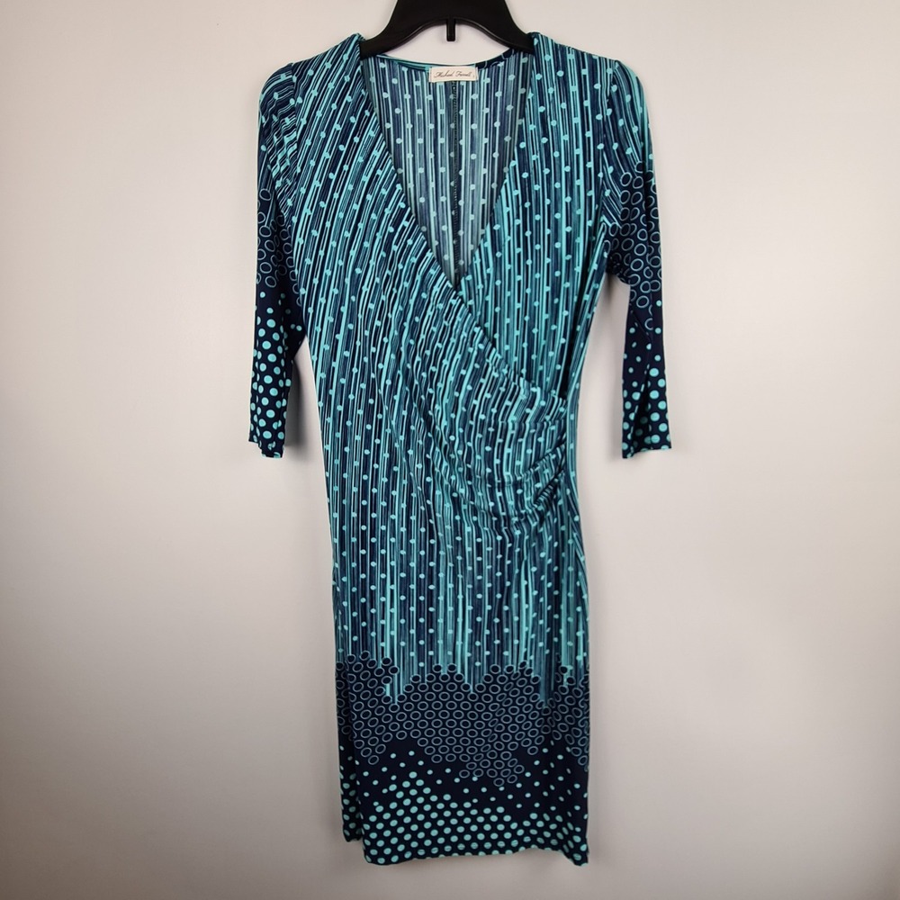 Michael Farrell Women's Blue‎ Dress Small Abstract Print Faux Wrap Knee Length